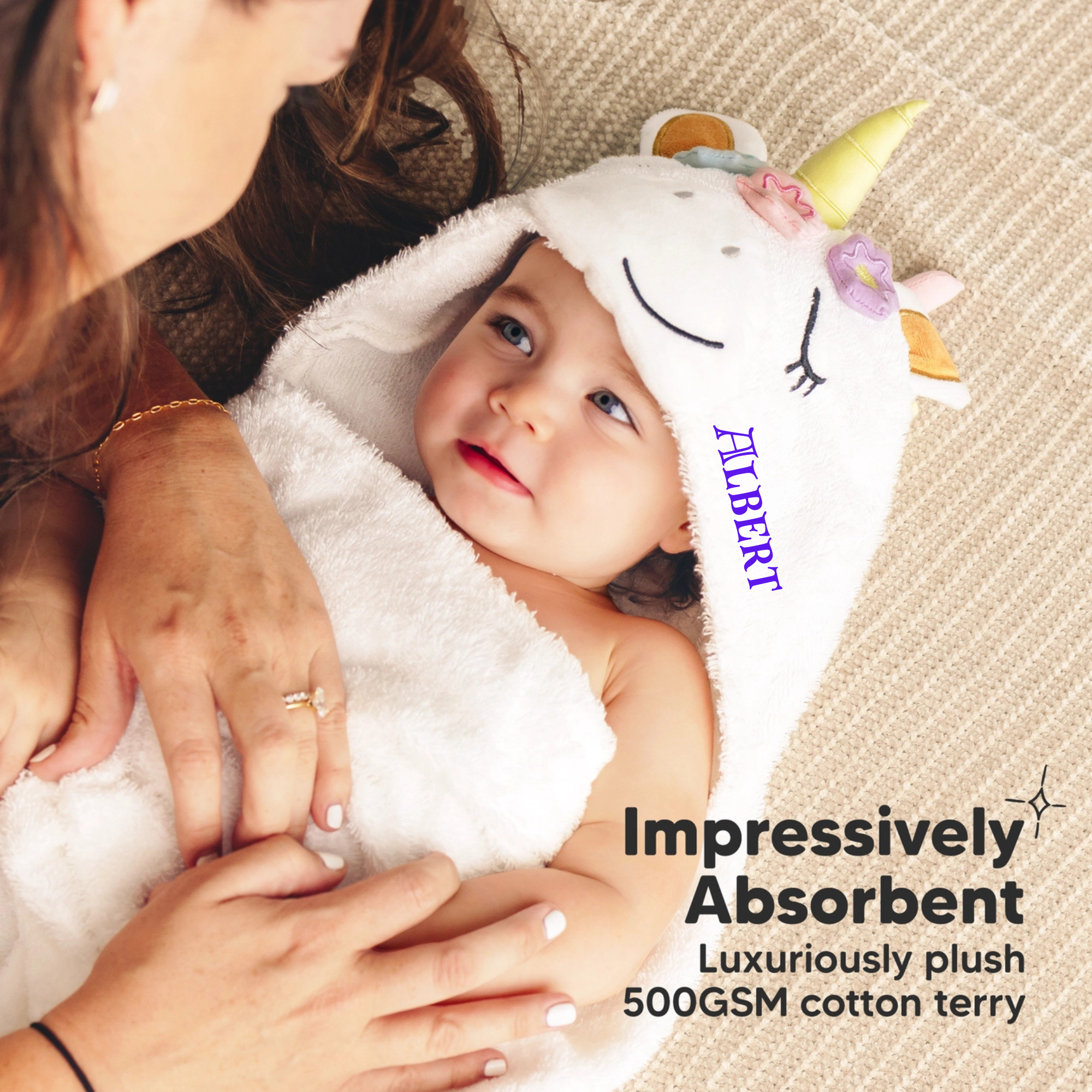 Personalised KeaBabies Cuddle Baby Hooded Towel- Uria