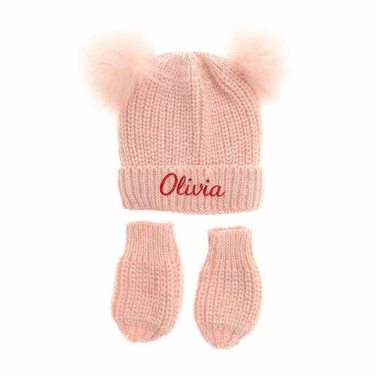 Personalised Pink Double Bobble Hat and Mittens