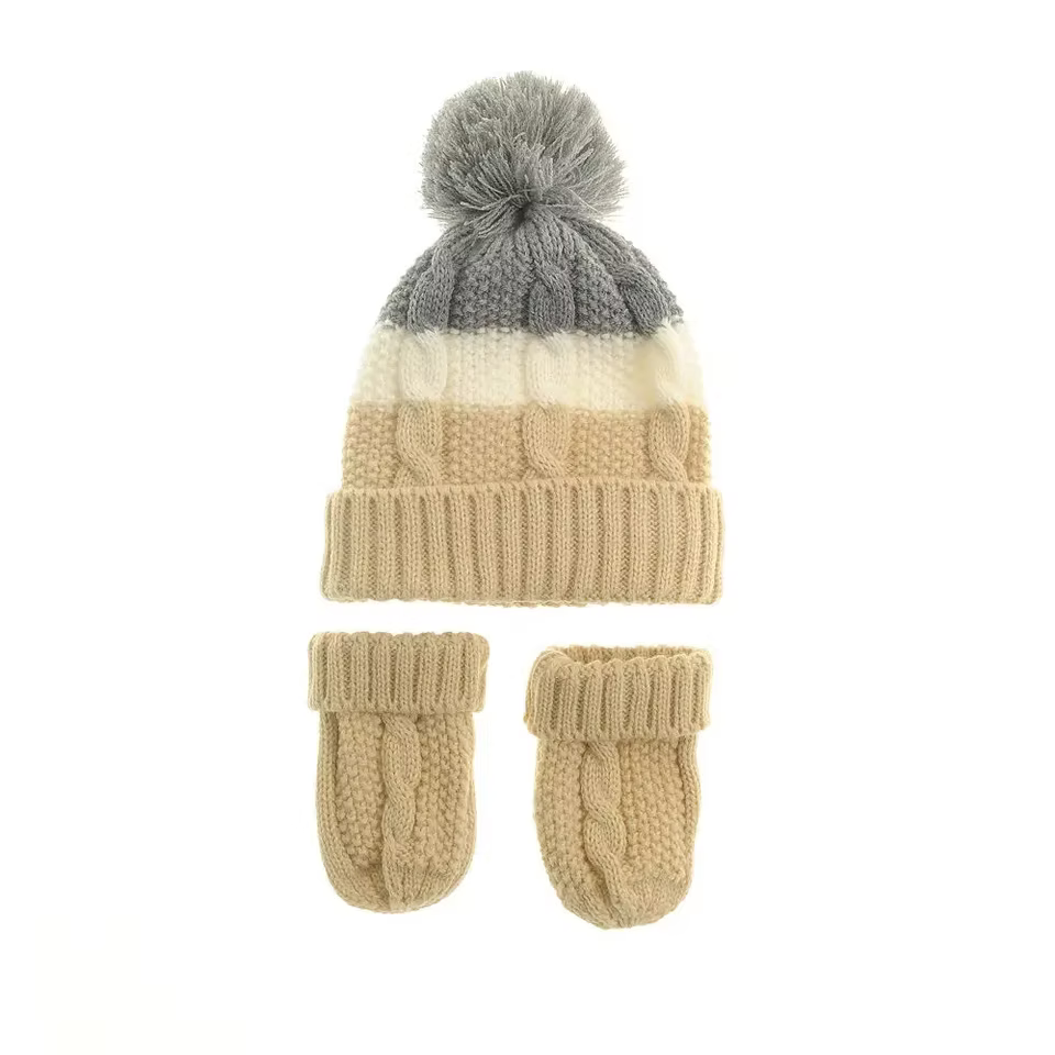 Personalised Beige, Cream & Grey Cable Knit Bobble Hat and Mitten