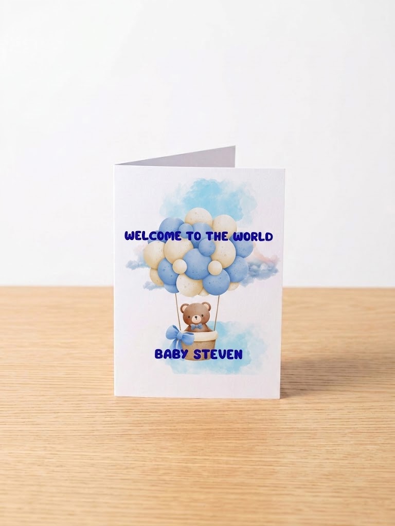 Personalized "Welcome to the World" Teddy Bear Greeting Card – Blue